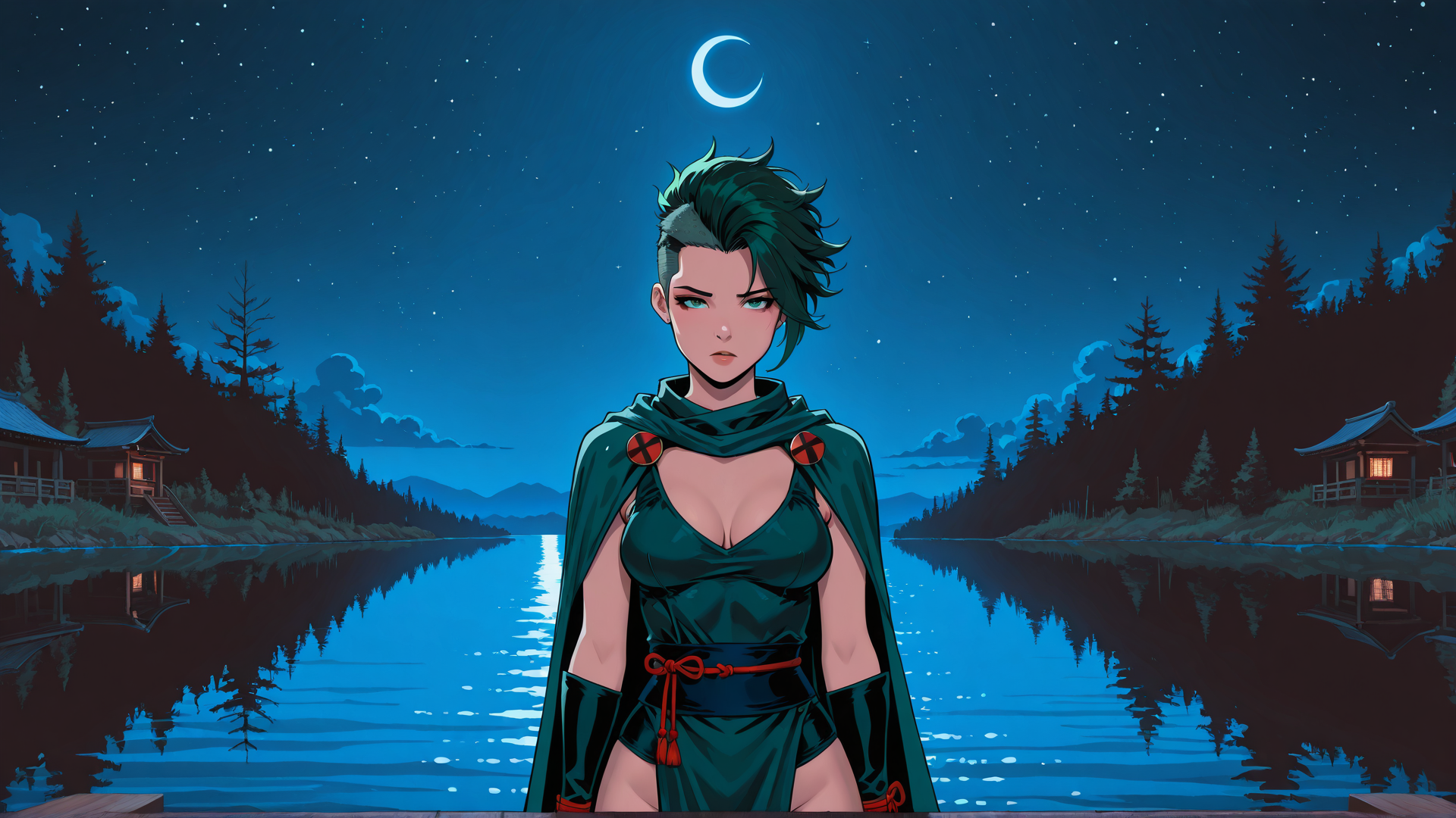 AI generated wallpaper featuring woman, ninja, moon, lake, trees, houses