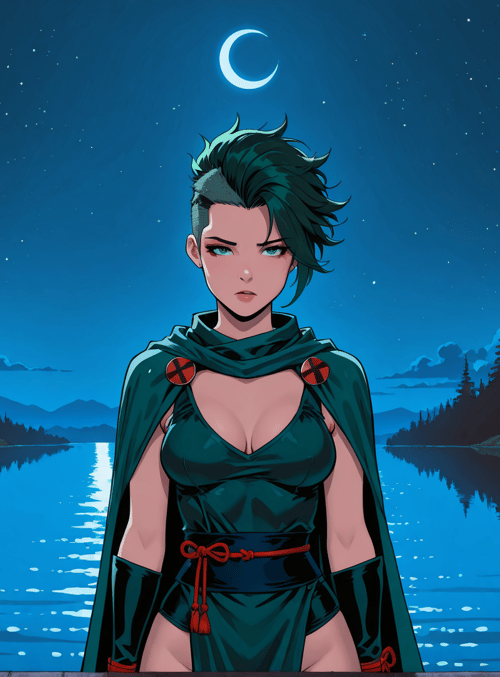 woman, ninja, moon, lake, trees, houses