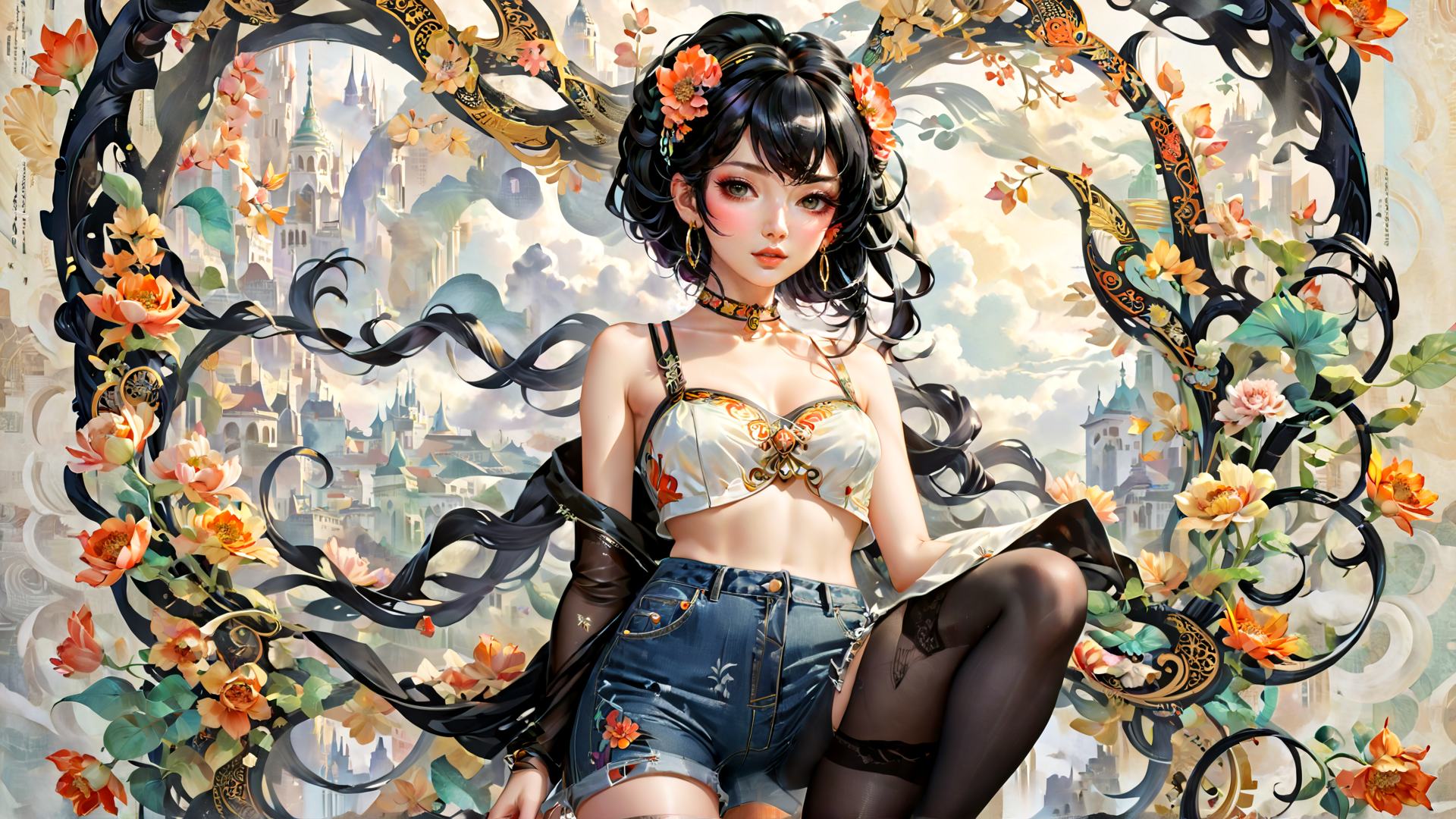 AI generated wallpaper featuring woman, flowers, cityscape, jeans, lingerie, hair