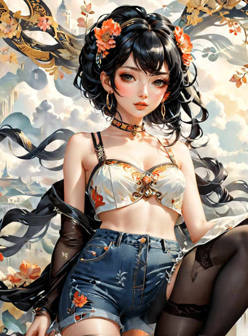 woman, flowers, cityscape, jeans, lingerie, hair