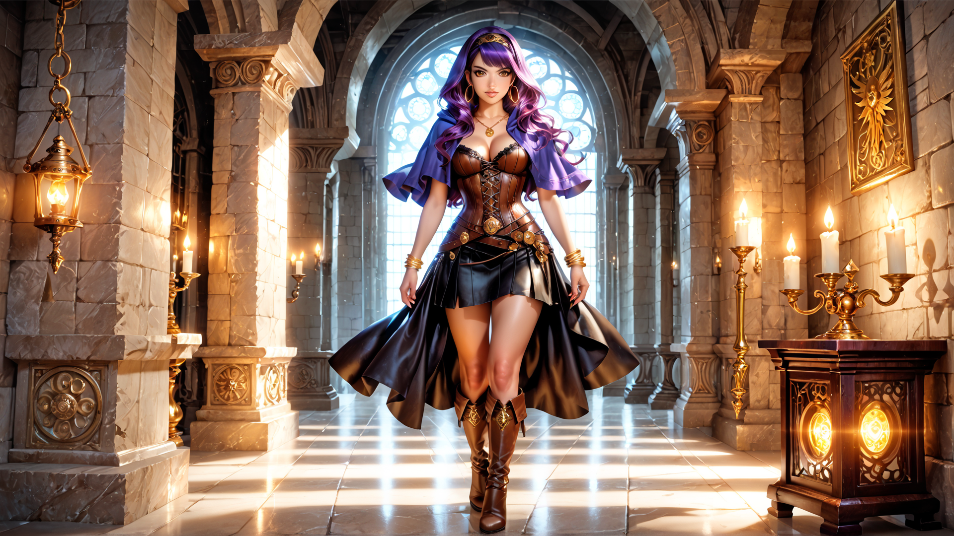 AI generated wallpaper featuring woman, corset, boots, gown, cape, candles, arches, stained glass, stone, lantern