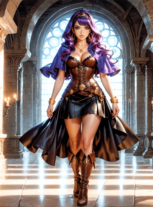 woman, corset, boots, gown, cape, candles, arches, stained glass, stone, lantern