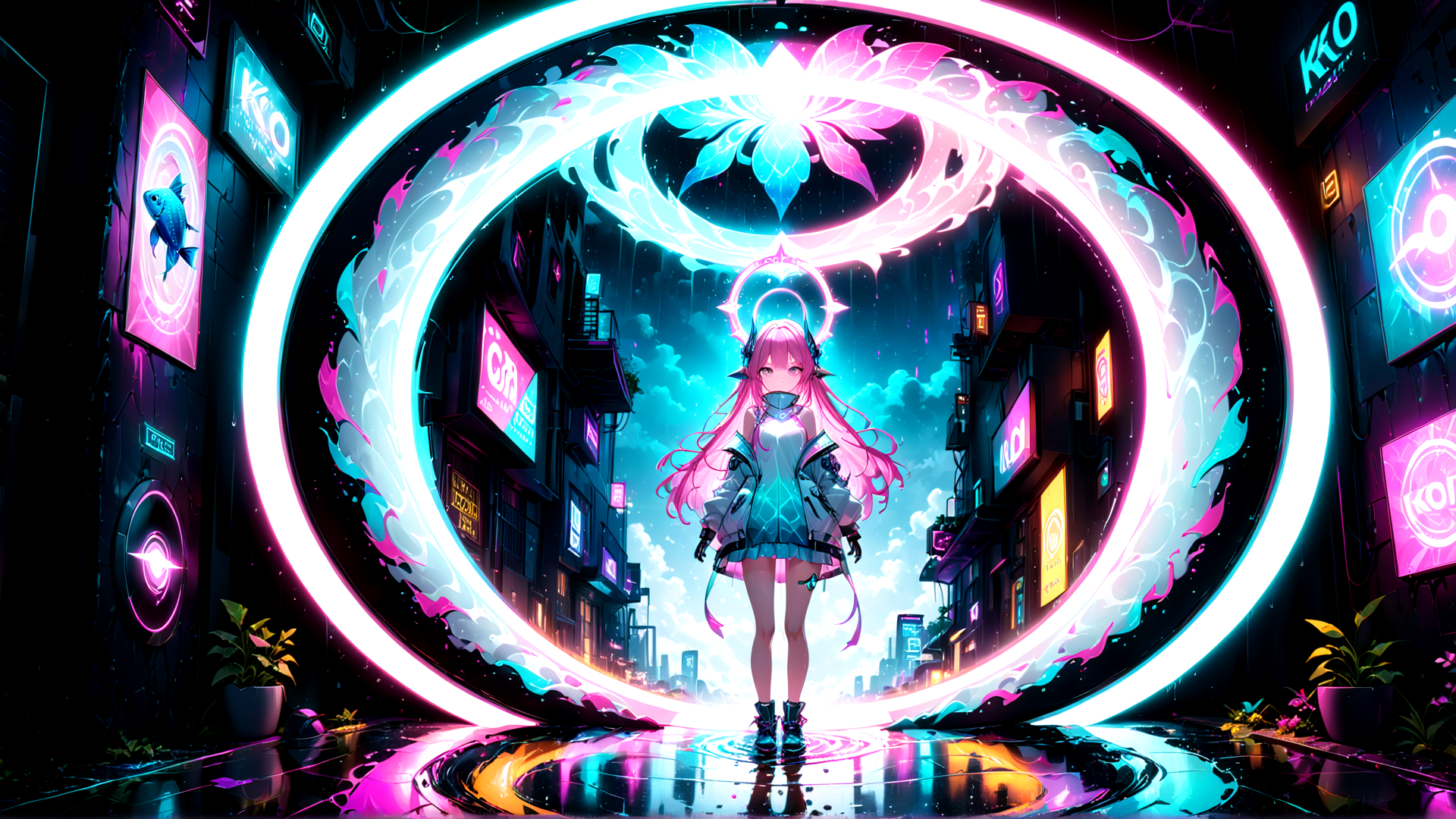 AI generated wallpaper featuring girl, neon, city, portal, futuristic, cyberpunk, anime, luminescent, glowing, flower