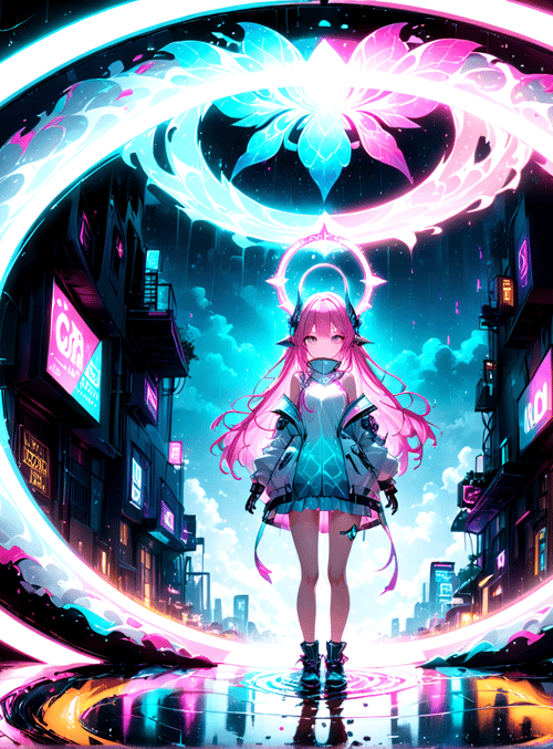 girl, neon, city, portal, futuristic, cyberpunk, anime, luminescent, glowing, flower