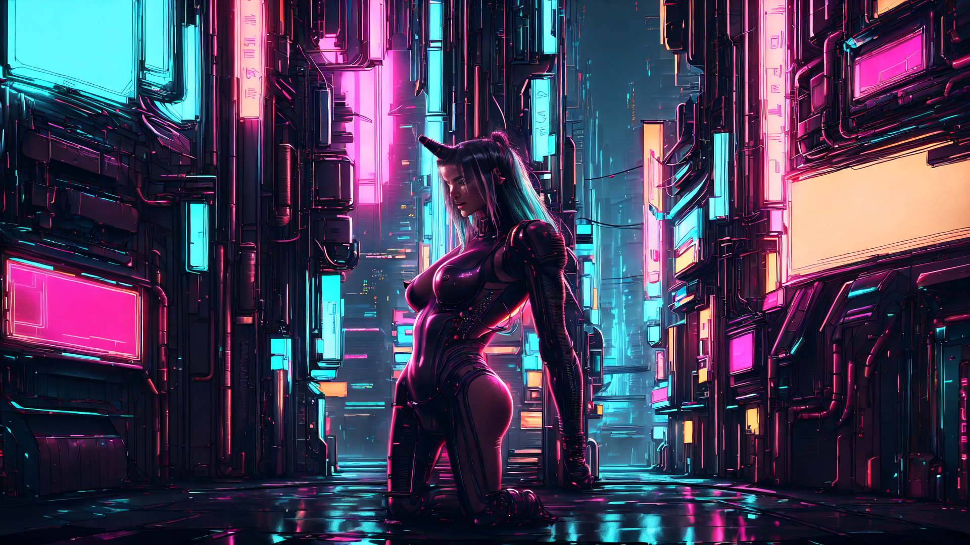 AI generated wallpaper featuring cyborg, femme