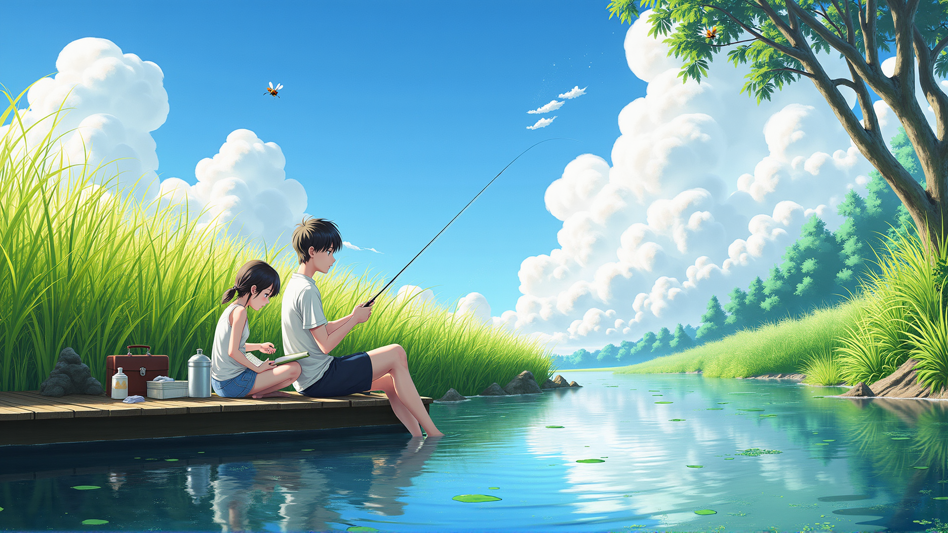 AI generated wallpaper featuring boy, girl, fishing rod, lily pad, river, grass, tree, cloud, book, bees