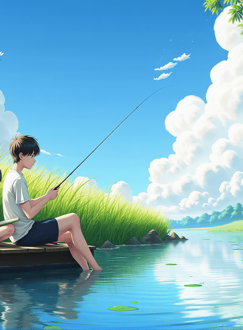 boy, girl, fishing rod, lily pad, river, grass, tree, cloud, book, bees