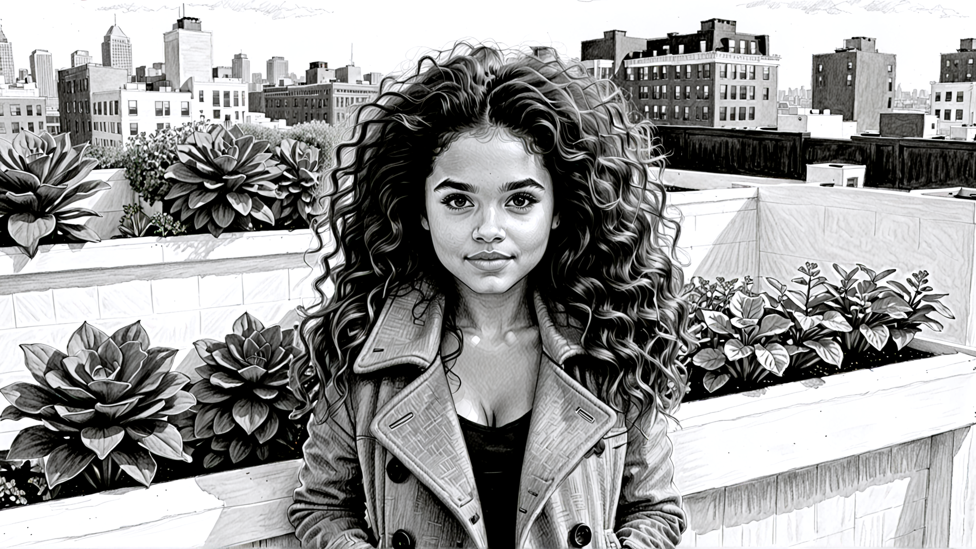 AI generated wallpaper featuring woman, cityscape, succulent, rooftop, coat, plants, building, curls, skyscraper, urban