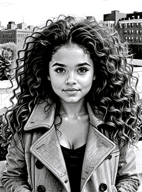 woman, cityscape, succulent, rooftop, coat, plants, building, curls, skyscraper, urban
