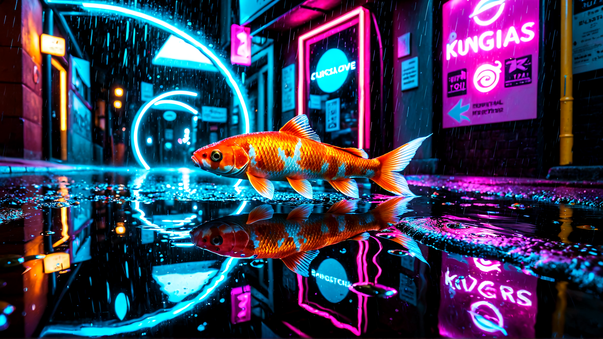 AI generated wallpaper featuring fish, city, neon, street, rain, reflection, sign, water, building, light