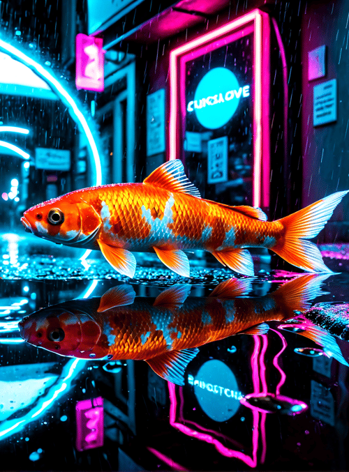 fish, city, neon, street, rain, reflection, sign, water, building, light