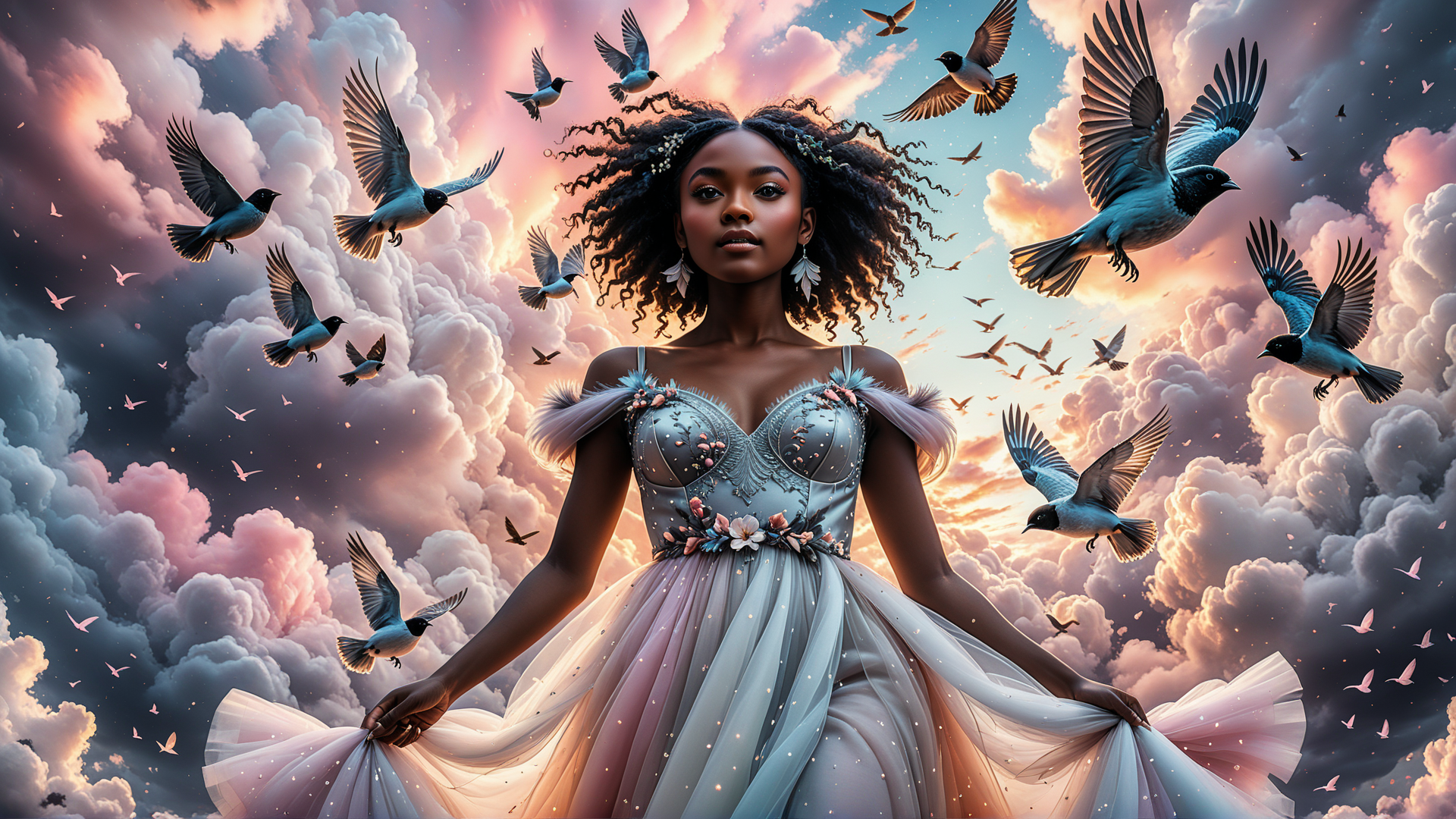 AI generated wallpaper featuring woman, birds, clouds, dress, sky
