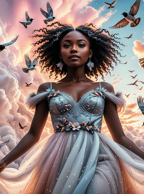 woman, birds, clouds, dress, sky