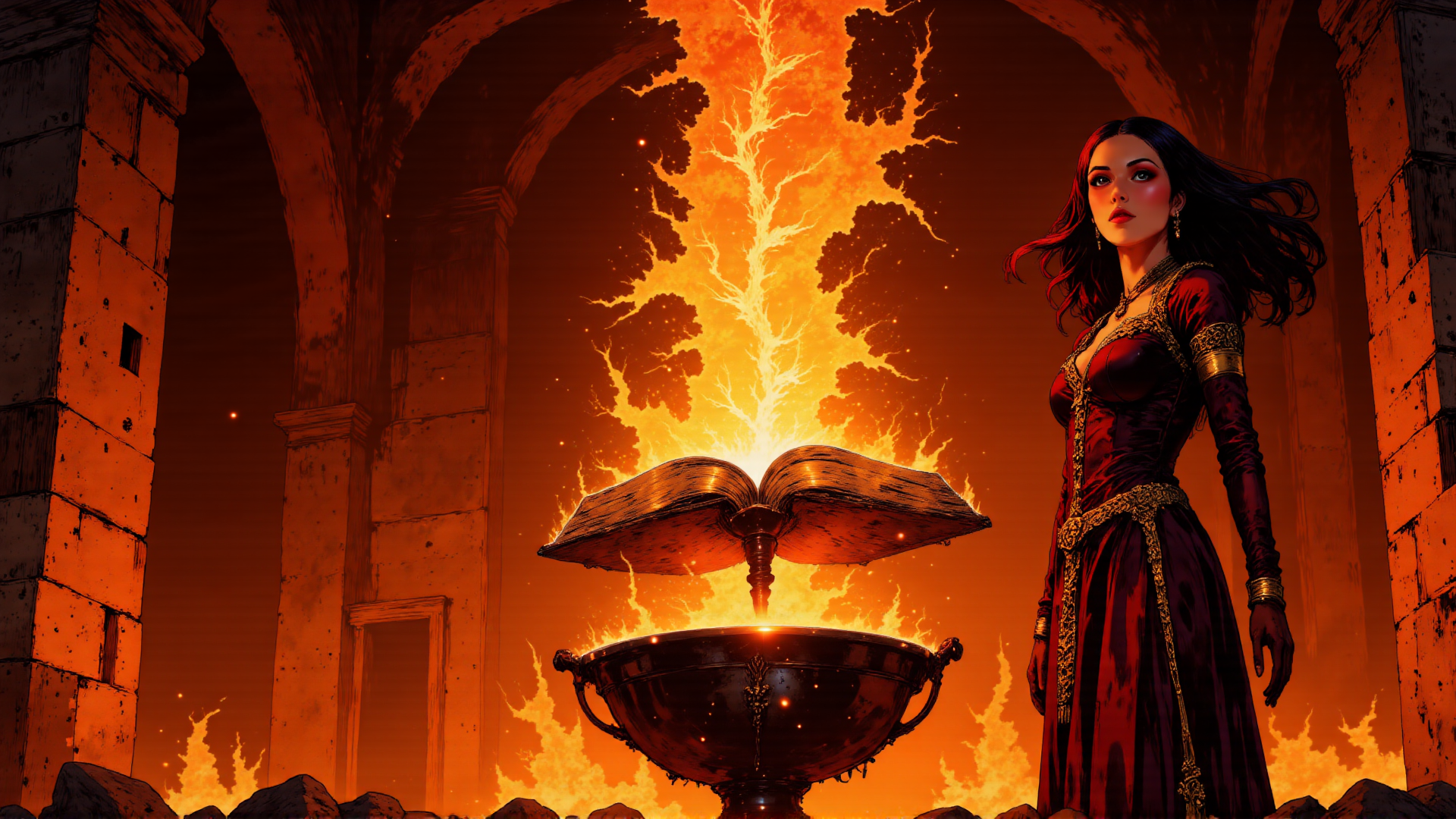 AI generated wallpaper featuring woman, book, bowl, fire, arch, stone