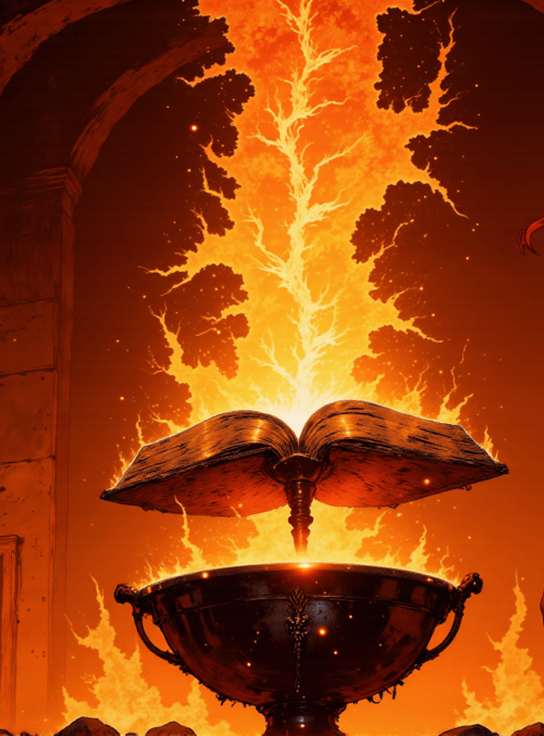 woman, book, bowl, fire, arch, stone
