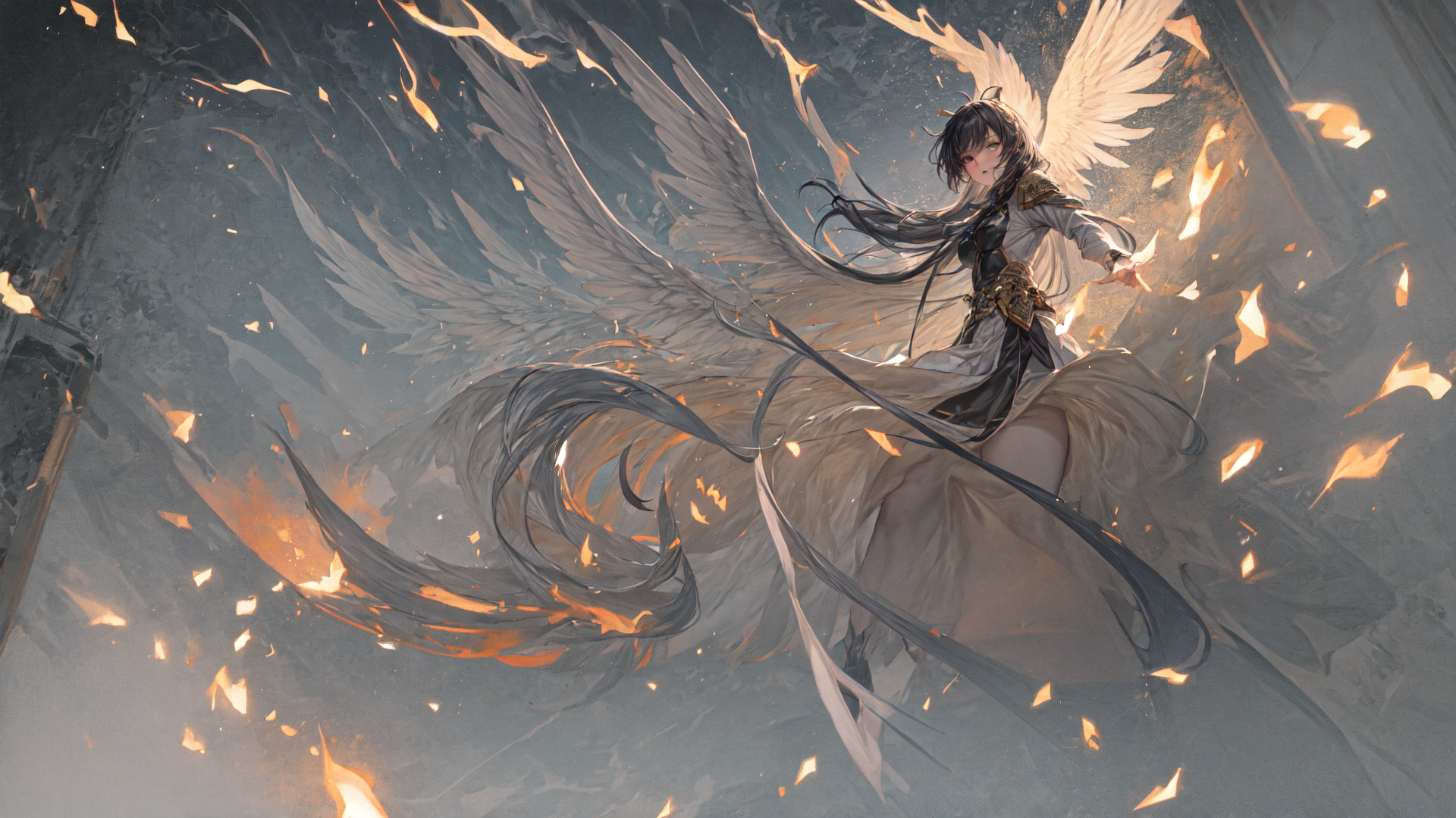 AI generated wallpaper featuring angel, girl, fire