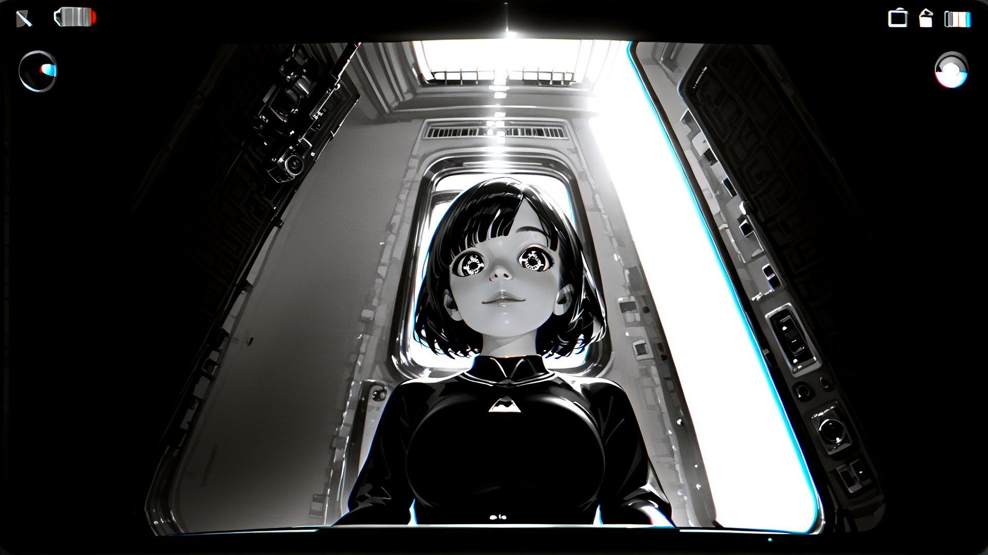 AI generated wallpaper featuring girl, spaceship, window, corridor, anime, character