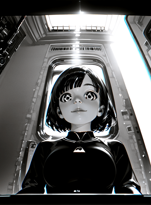 girl, spaceship, window, corridor, anime, character