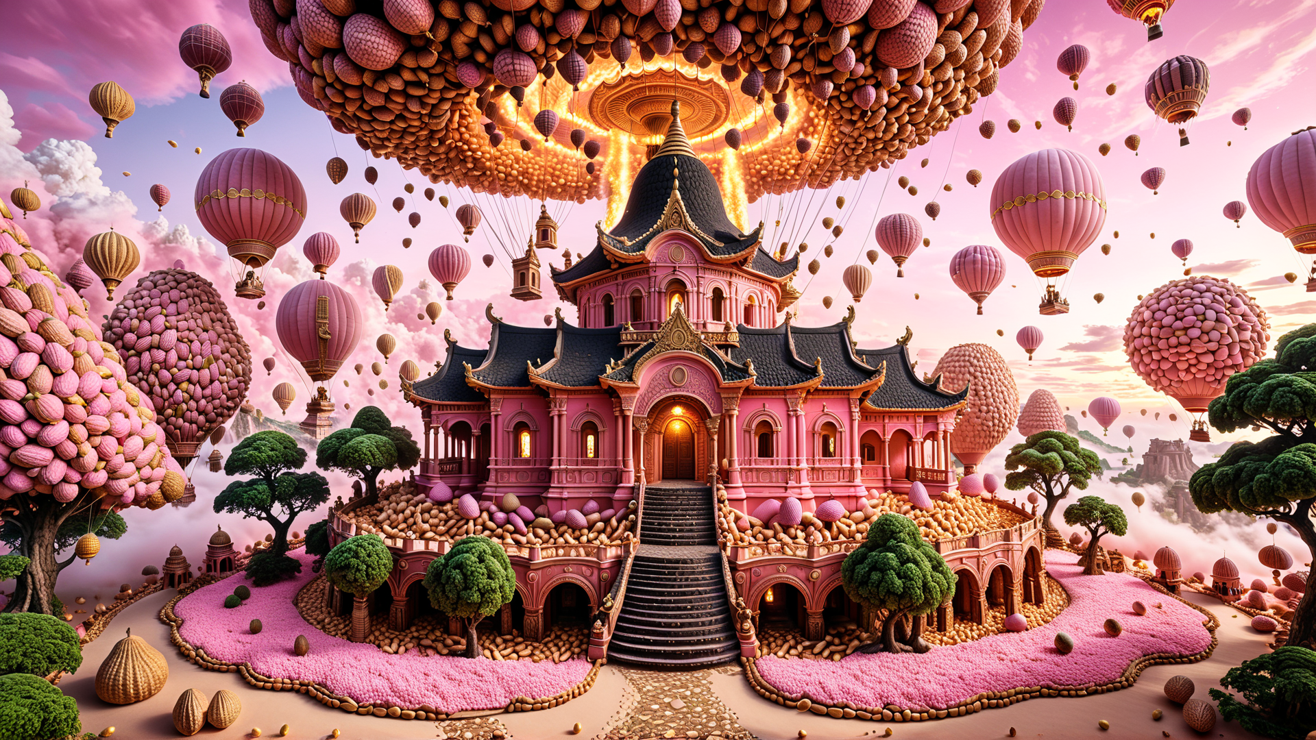 AI generated wallpaper featuring castle, hot air balloons, trees, pebbles, sky, clouds, balloons, buildings, landscape, spheres
