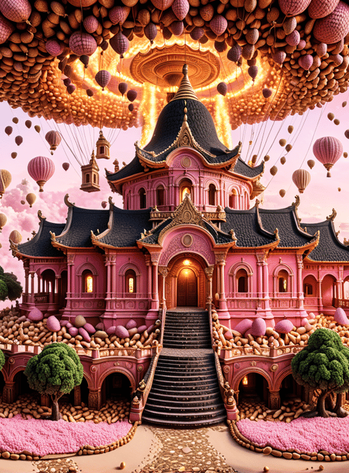 castle, hot air balloons, trees, pebbles, sky, clouds, balloons, buildings, landscape, spheres