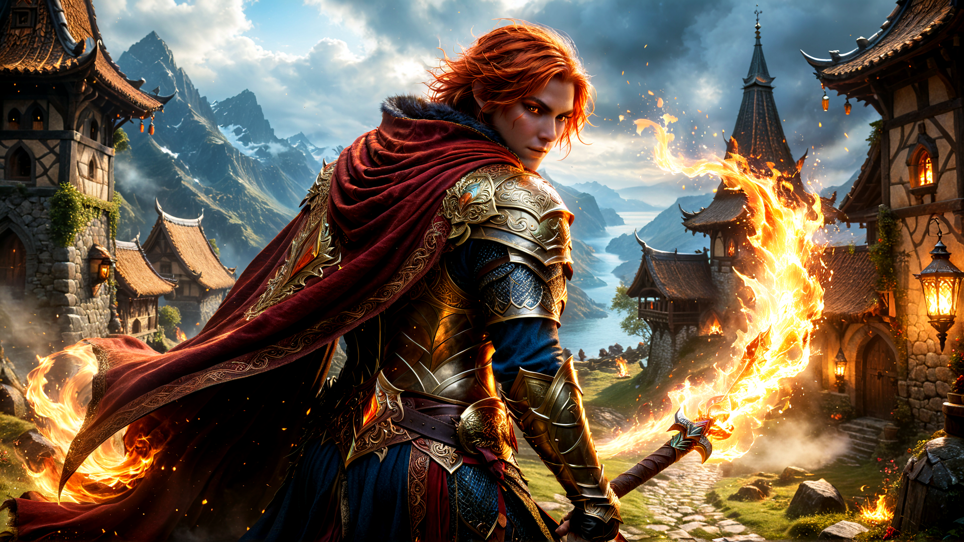 AI generated wallpaper featuring warrior, fire, castle, sword, dragon, armor, cape, mountain, river, lantern