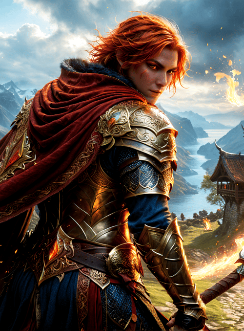 warrior, fire, castle, sword, dragon, armor, cape, mountain, river, lantern