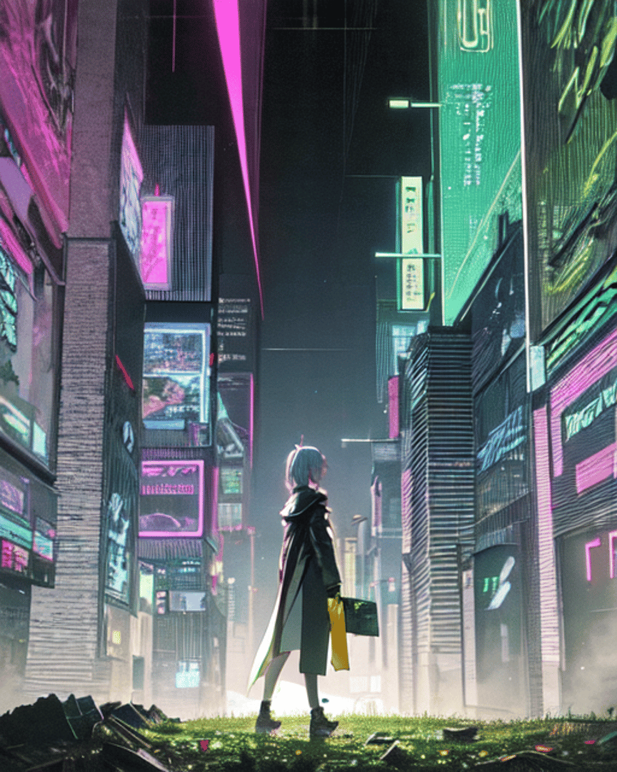 AI generated wallpaper featuring person, city, buildings, signs, grass, trash
