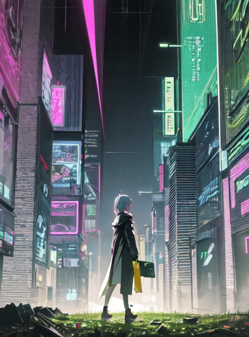 person, city, buildings, signs, grass, trash
