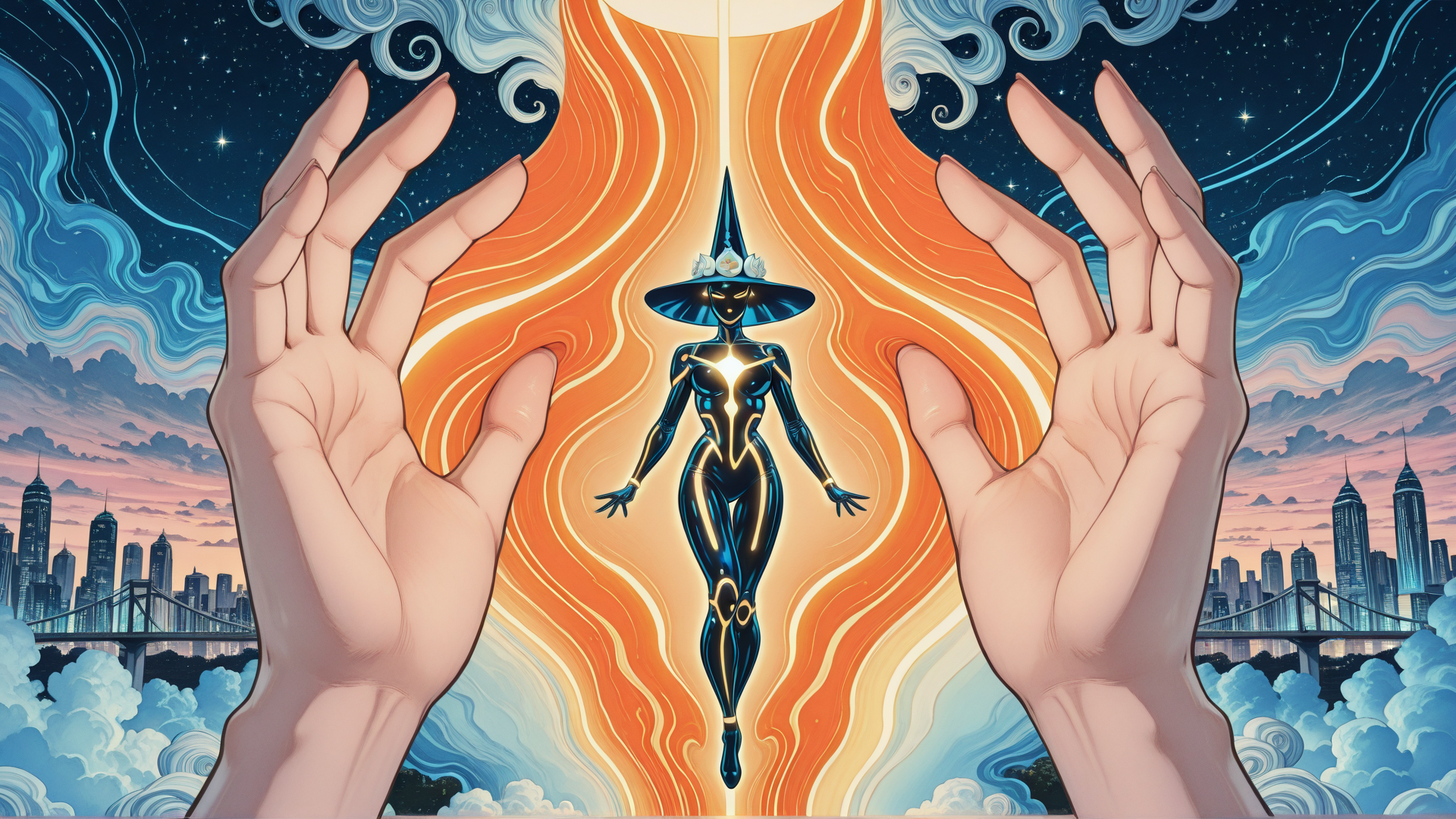 AI generated wallpaper featuring hands, figure, cityscape, light rays, hat, bridge, clouds