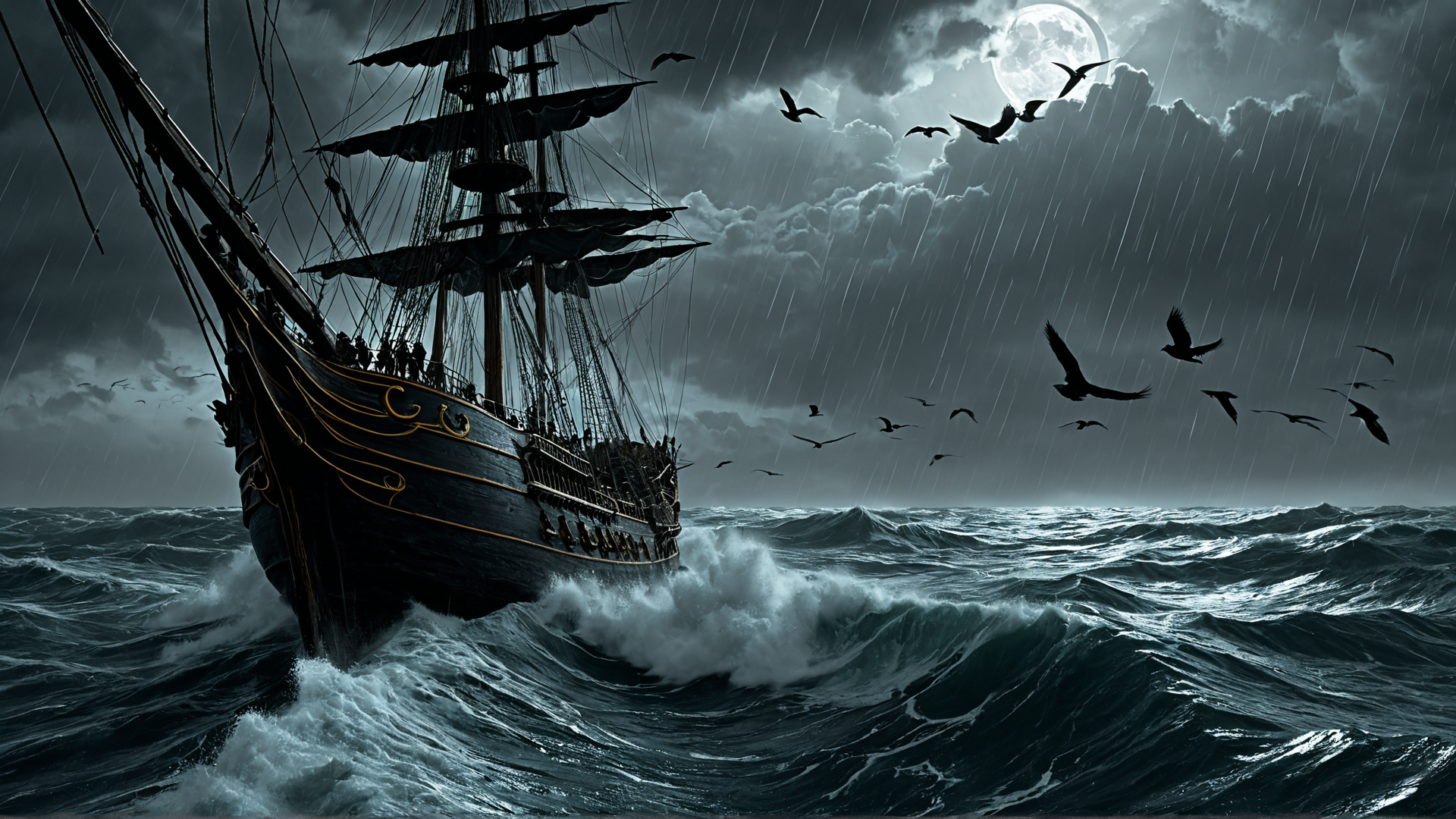 AI generated wallpaper featuring ship, gulls, ocean
