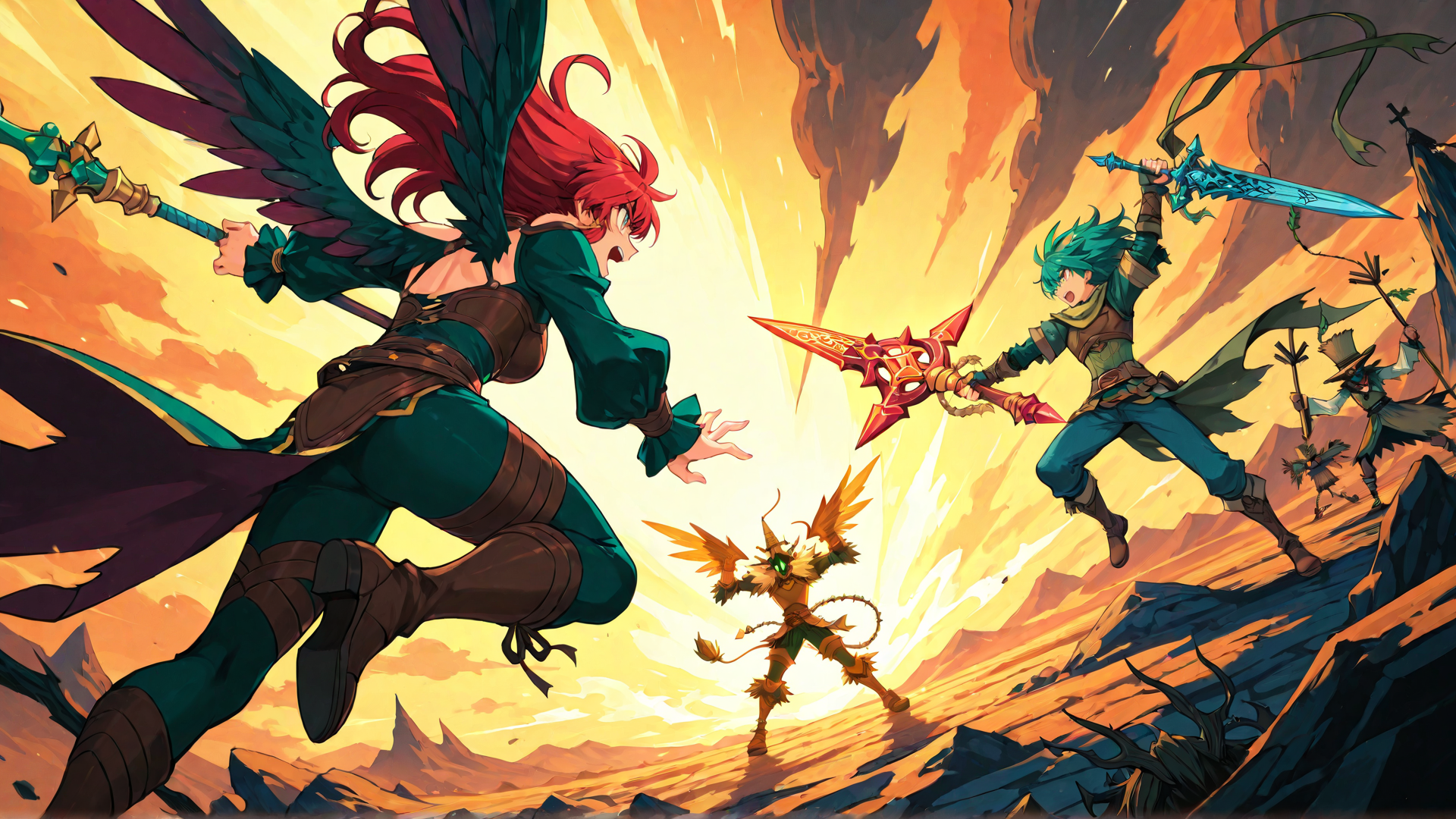 AI generated wallpaper featuring warrior, mage, elf, goblin, sword, shield