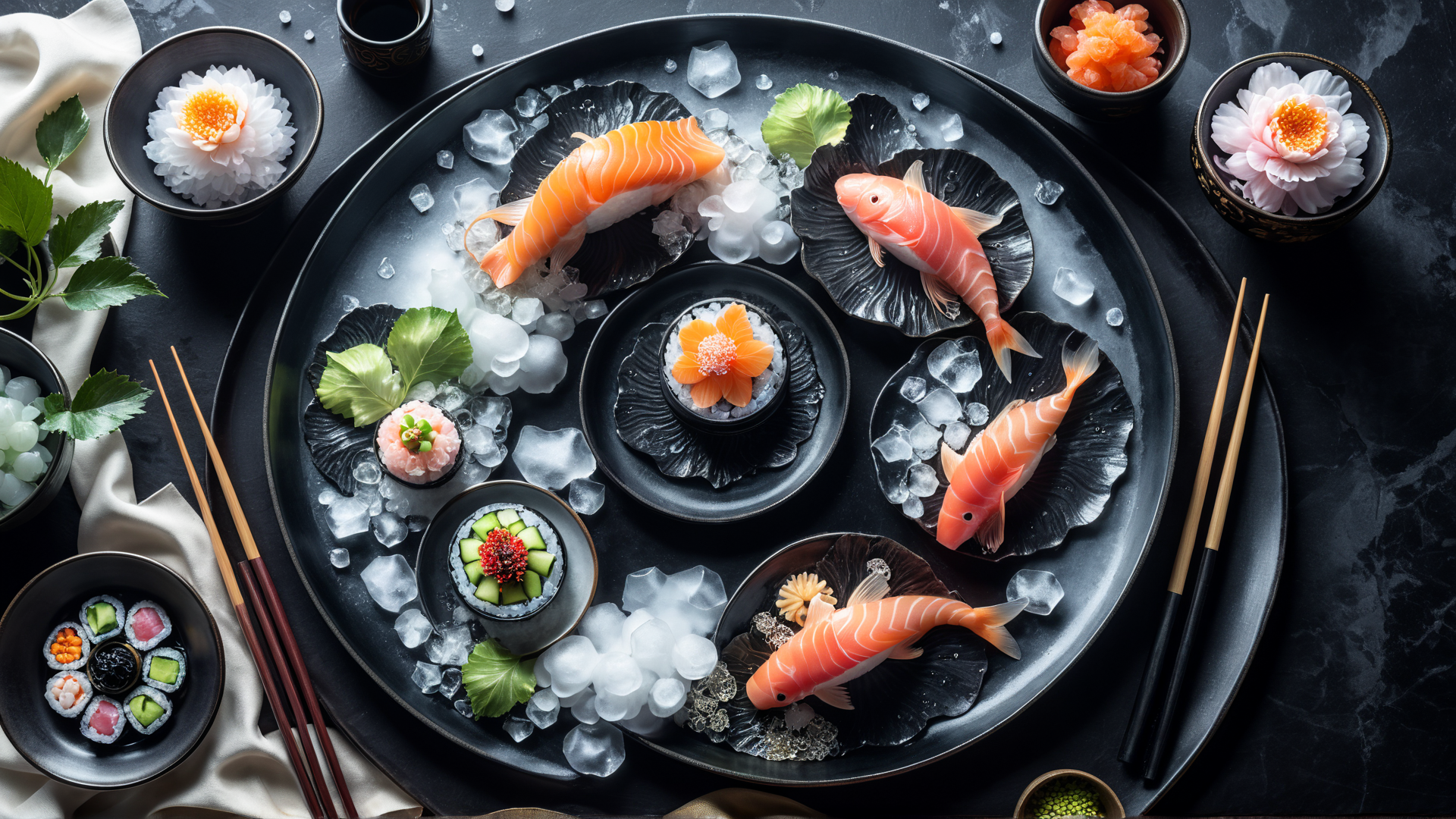 AI generated wallpaper featuring sushi, ice, fish