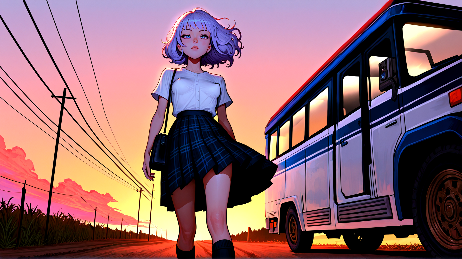 AI generated wallpaper featuring girl, school bus, skirt, shoes, bag, power lines, field, sky