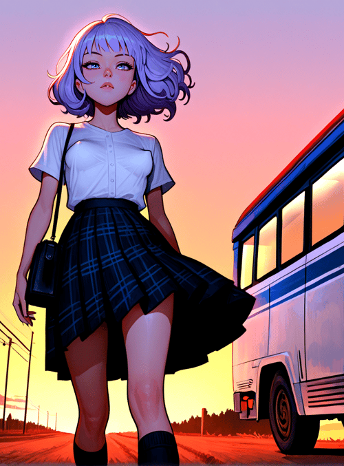 girl, school bus, skirt, shoes, bag, power lines, field, sky