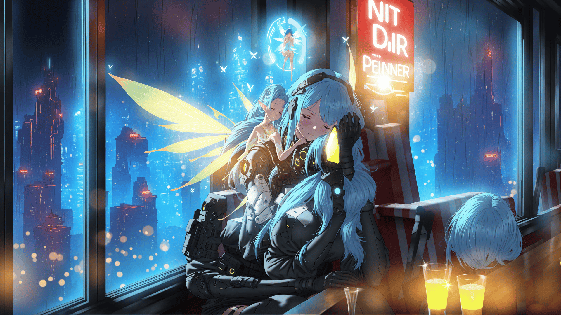 AI generated wallpaper featuring cyborg, elf, fairy