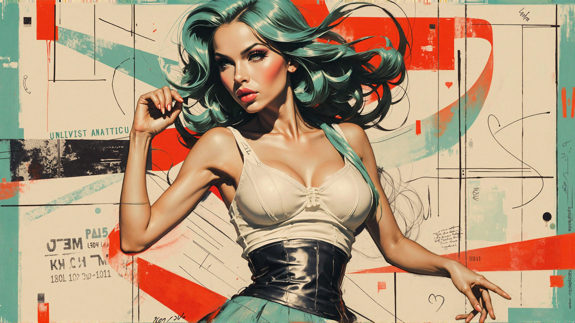AI generated wallpaper featuring woman, hair, dress, background, art