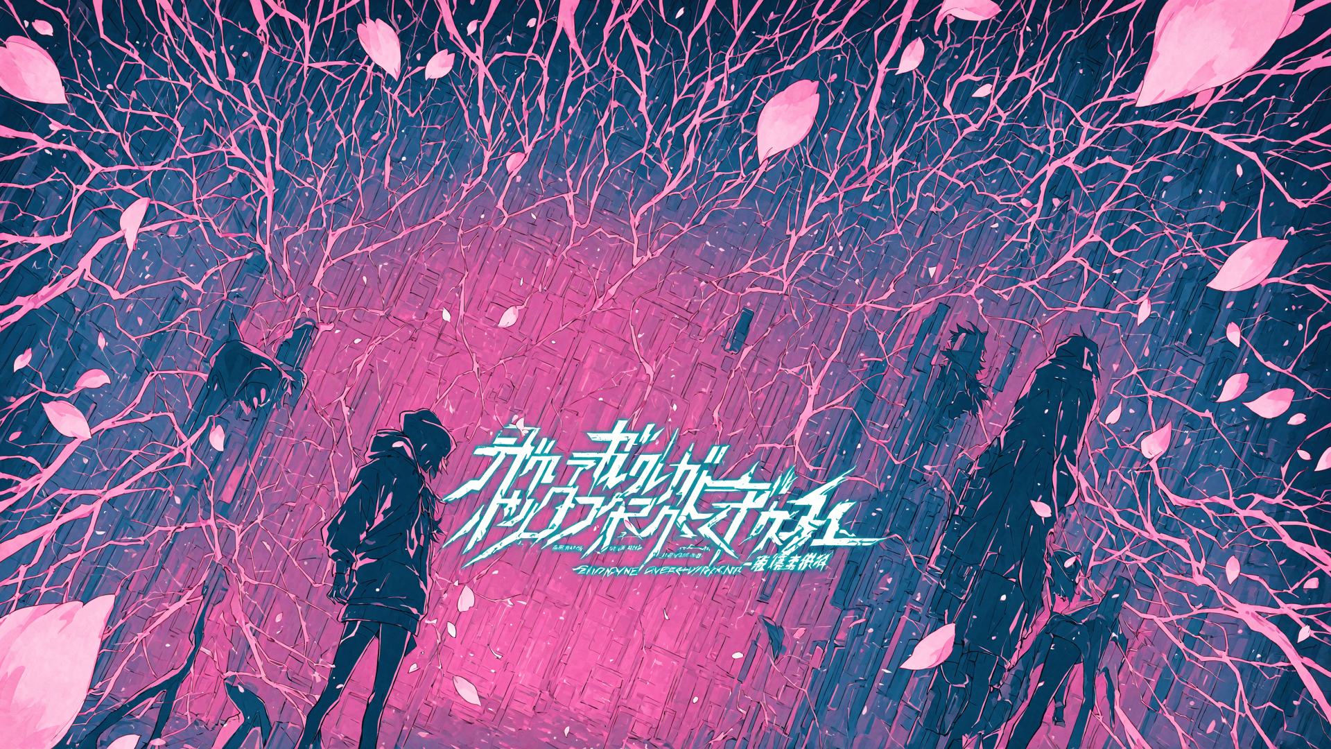 AI generated wallpaper featuring characters, trees, petals