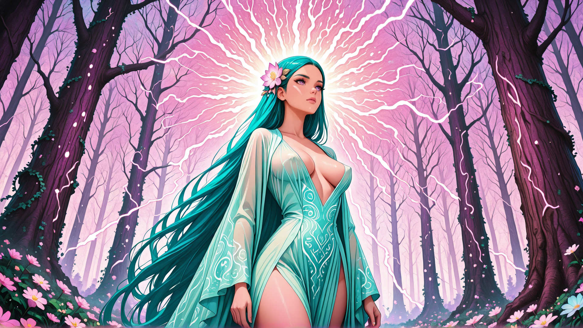 AI generated wallpaper featuring woman, forest, trees, flowers, lightning