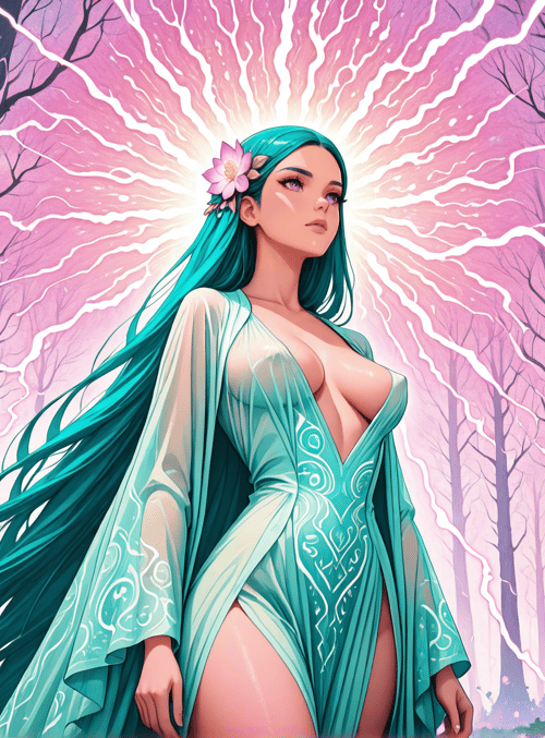 woman, forest, trees, flowers, lightning