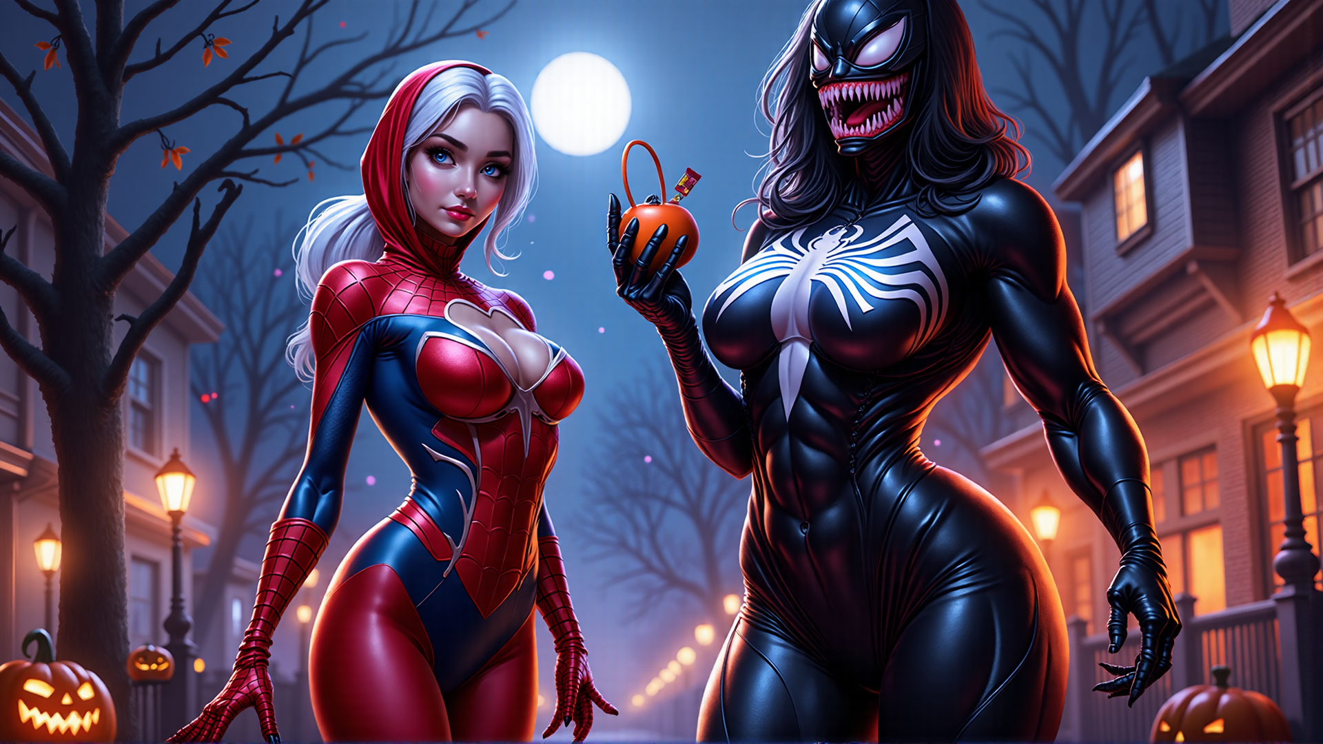 AI generated wallpaper featuring Spider-Woman, Venom, pumpkin, Halloween, street, moon, tree