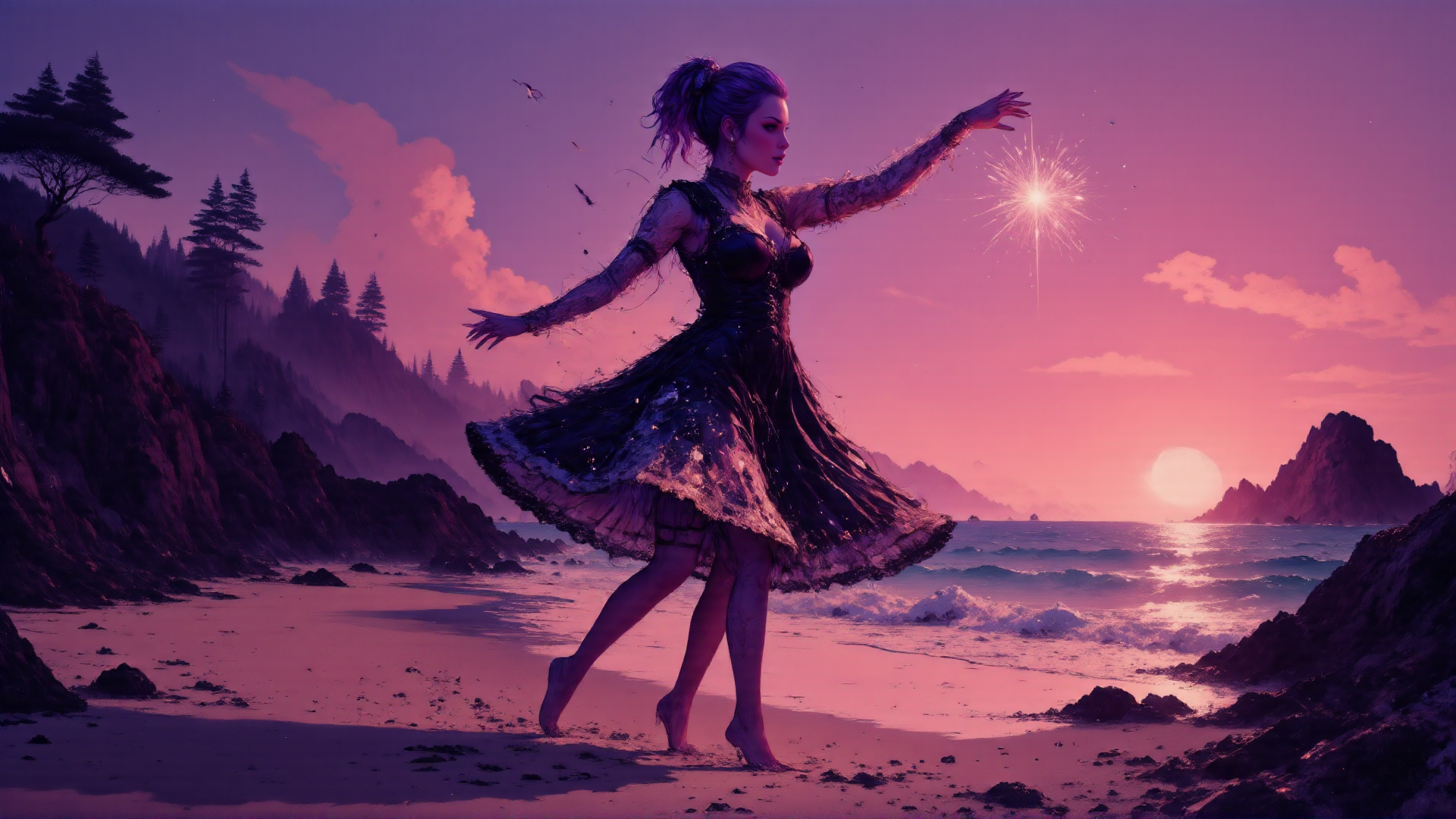AI generated wallpaper featuring woman, sparkle, beach