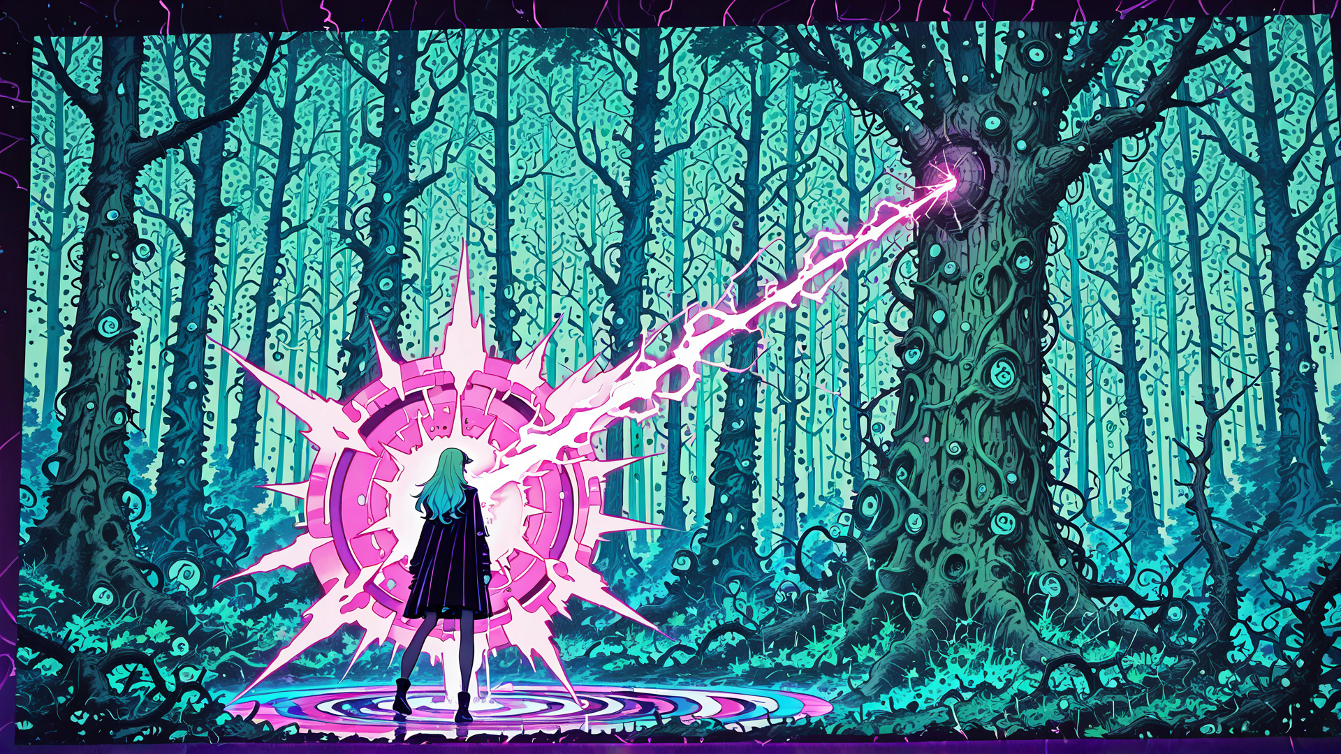 AI generated wallpaper featuring girl, tree, forest, portal, energy, lightning, spikes