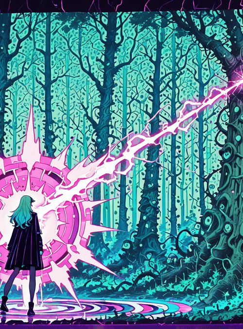 girl, tree, forest, portal, energy, lightning, spikes