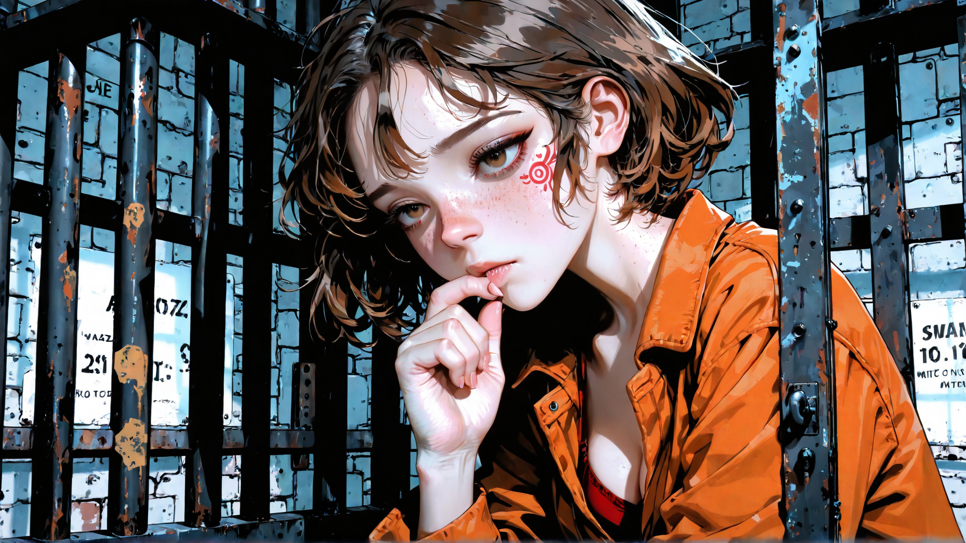 AI generated wallpaper featuring girl, woman, bar, iron gate, jacket, hand, hair, face