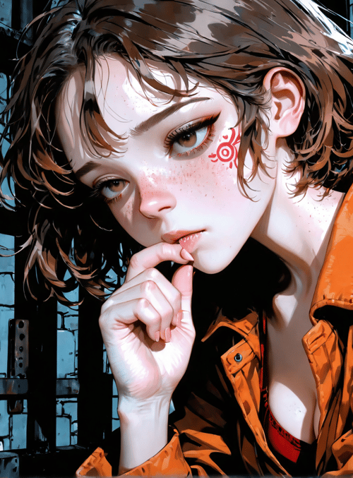girl, woman, bar, iron gate, jacket, hand, hair, face