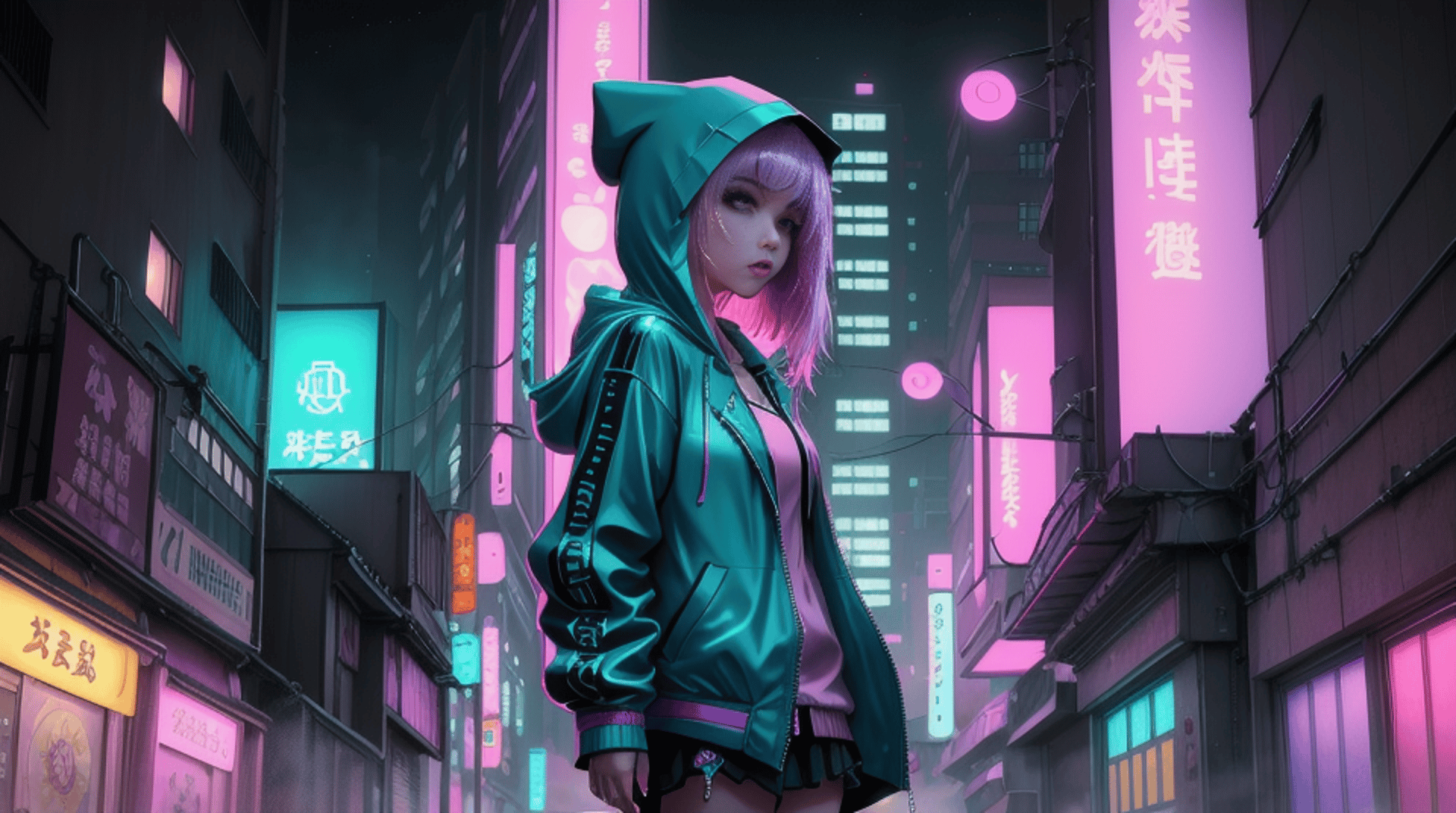 AI generated wallpaper featuring cyberpunk girl, neon city