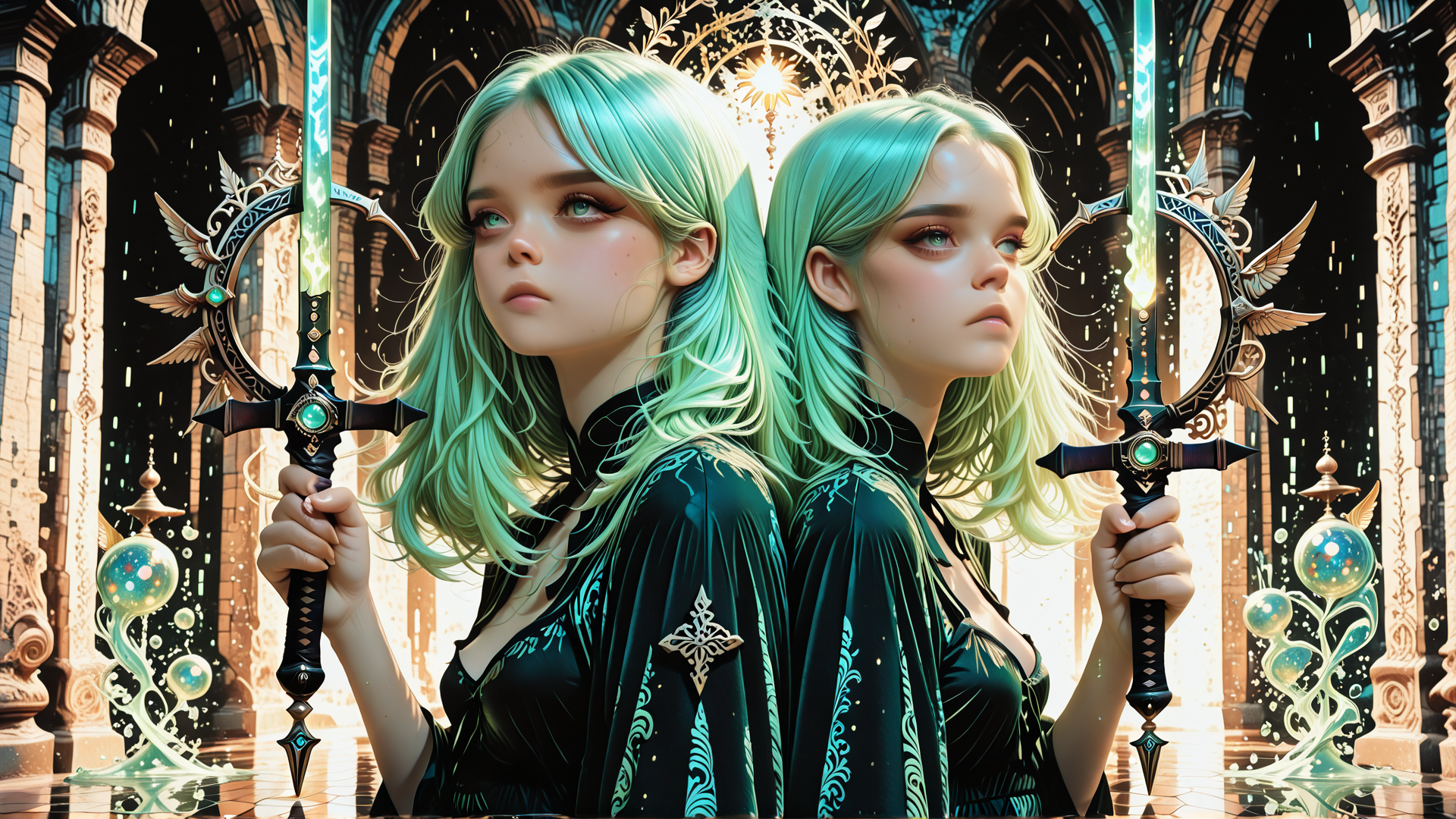 AI generated wallpaper featuring woman, sword, cathedral, mirror, fairy, angel, globe, dress, hair, light