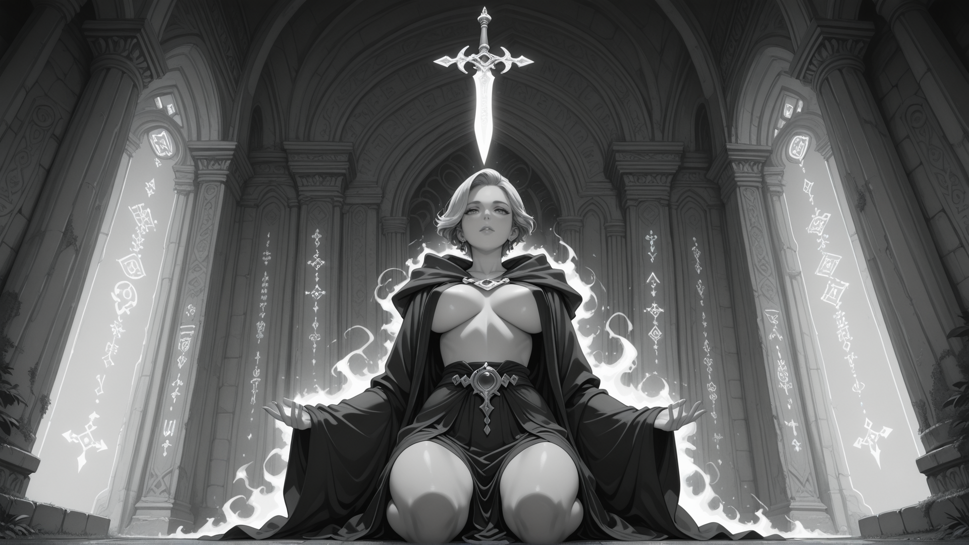 AI generated wallpaper featuring woman, sword, cathedral, magic, gloves
