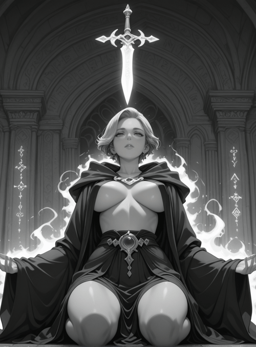 woman, sword, cathedral, magic, gloves