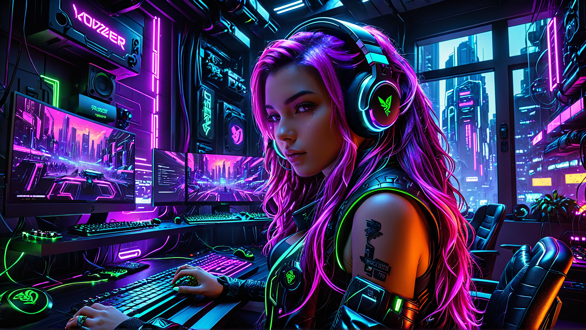 AI generated wallpaper featuring woman, gamer, cyberpunk